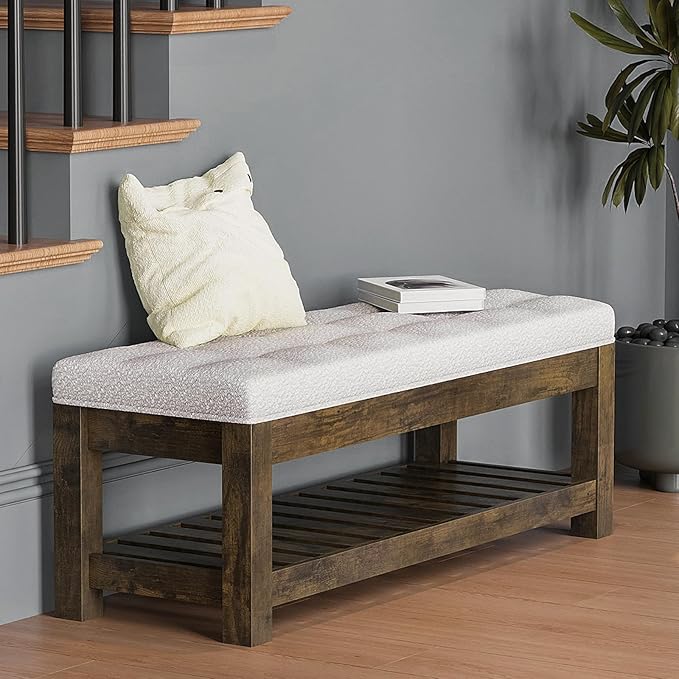 Large Upholstered Ottoman Bench Entryway Storage Benches Tufted Linen Ottoman Bench with Solid Wood Shelf Padded End of Bed Bench for Bedroom Living Room Hallway Decor