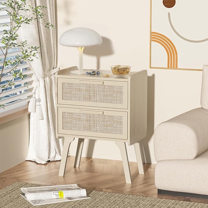 Lerliuo Rattan Nightstand, Boho Night Stand with 2 Drawers, Cane Accent Side End Table, Bedside Table with Solid Wood Legs for Bedroom, Dorm and Small Spaces (White)