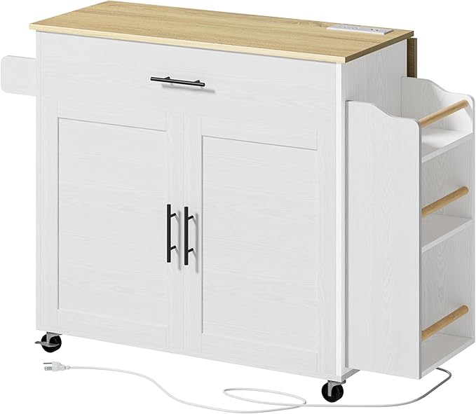 IRONCK Kitchen Island with Storage, Rolling Kitchen Island on Wheels with Drop Leaf, 3 Open Spice Rack Shelf, Door Cabinet, Drawer, Kitchen Cart Island Table for Kitchen, White