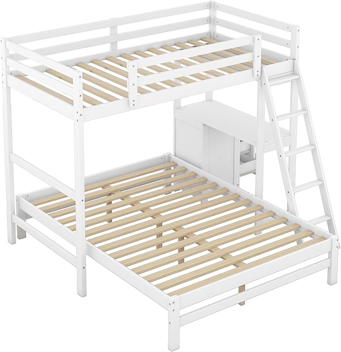 Twin Over Full Bunk Bed with Built-in Desk and Three Drawers,Pine Wood Convertible Twin Over Full L-Shaped Loft Bunk Bed Frame for Kids Teens Adults,White