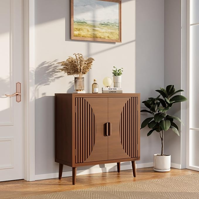 COSIEST Set of 3 30" Storage Sideboards with Doors, Accent Cabinets with Magnetic Push-to-Open Doors, Brown Line Pattern, Entryway Console for Living Room, Kitchen, Hallway