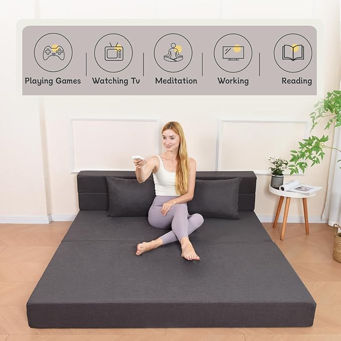 Folding Sofa Bed, Foldable Bed Sleeper Chair with Pillow, Convertible Sofa Bed with Washable Cover, Fold Out Couch,Futon Couch for Living Room, Dorm, Guest Room, Queen Size, Dark Grey