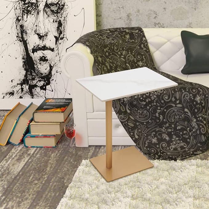 C Shaped End Table Snack Side Table for Couch Marble Top Under Couch Table Sofa Side Table for Couch Living Room Bedroom