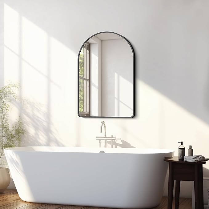 FORBATH Arched Bathroom Mirror 20x28 Inch, Bathroom Mirror Wall Mounted Modern Black Aluminum Alloy Frame Decor Dresser Mirror for Bedroom Living Room Entryway, Hanging or Leaning Against Wall