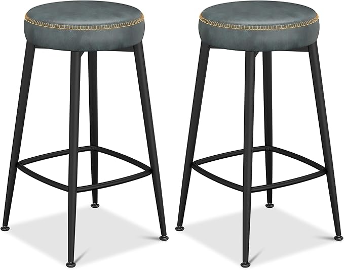 Counter Height Bar Stools, 26" H Backless Bar Stools Set of 6, Upholstered Faux Leather Kitchen Counter Stools, Mid Century Modern, Kitchen Island Home Bar, Pub, Black Blue