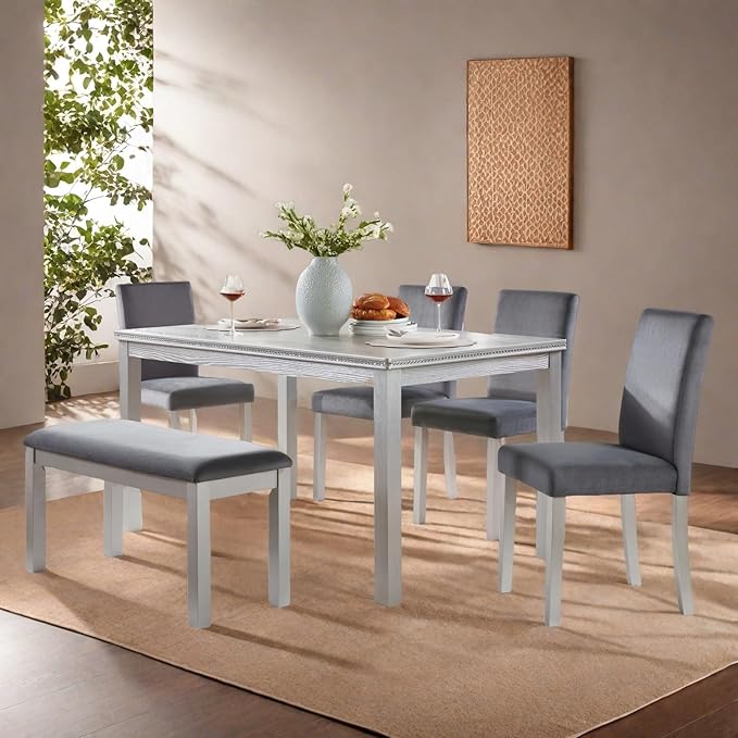 Dining Table Set for 5, 6 Piece Dining Room Table Set with Rectangular Crystal Decoration Table, 4 Upholstered Backrest Chairs and Bench, Counter Height Kitchen Sets with MDF Tabletop, Grey