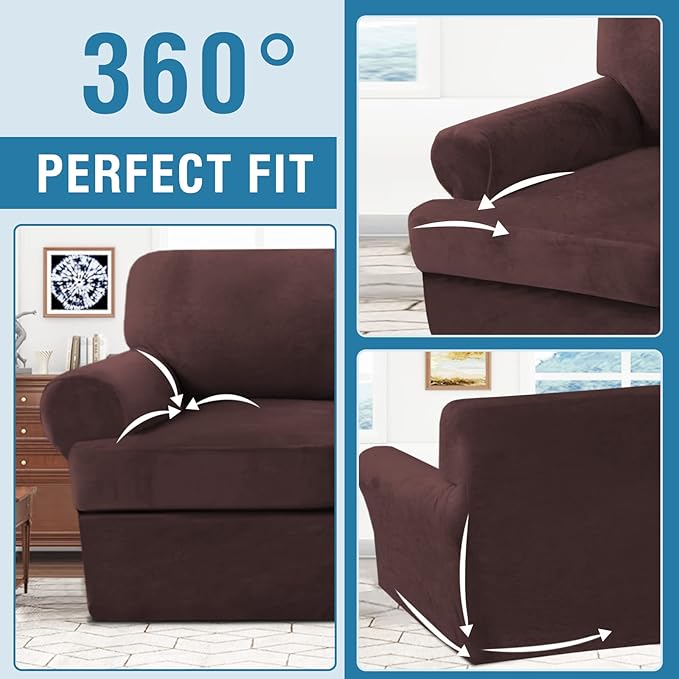 H.VERSAILTEX Sofa Cover 2 Piece T Cushion Armchair Slipcovers Thick Velvet Couch Cover Furniture Protector Stretch T Cushion Sofa Covers for 1 Cushion Couch with 1 Individual T Cushion Covers, Brown