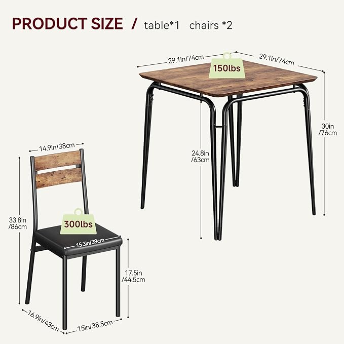 Dining Table for 2, Small Table and Chairs Set of 2, Square Dinette Set for 2, 3 Piece Kitchen & Dining Room Sets for Small Space (Vintage, Table with 2 Upholstered Chairs)