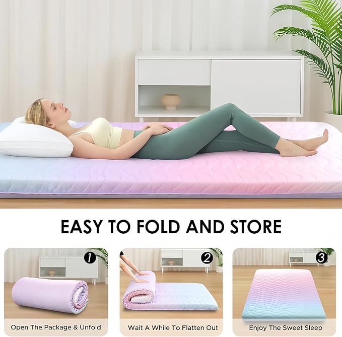 Japanese Floor Futon Mattress, 3.5" Thicken Colorful Rainbow Portable Floor Mattress, High-Density Foam Tatami Mat Sleeping Pad for Camping Guest Room Dormitory RV, Twin