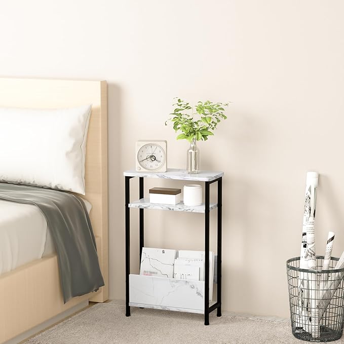 7.1" Narrow Side Table for Small Spaces, 3 Tier Small End Table with Magazine Holder, Slim/Skinny Nightstand/Bedside Table for Living Room, Bedroom, 15.4" L x 24.2" H, Faux White Marble
