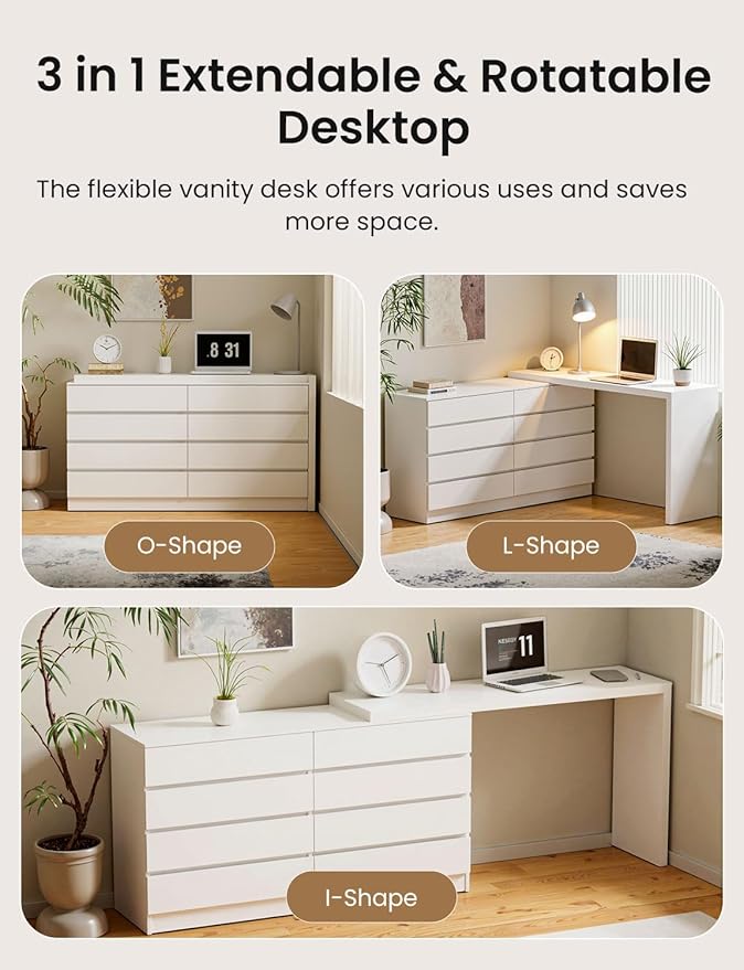 8 Drawer Vanity Dresser Combo with Extendable Table & L-Shaped Desk, White MDF Large Dresser for Bedroom, Adjustable Makeup Dressing Table with Wide Storage, Desk and Vanity Combo for Small Spaces