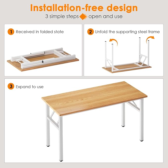 SDHYL 47 inches No Assembly Foldable Computer Desk for Home Office Workstation, Simple Folding Study and Writing Table with Metal Frame, Teak and White