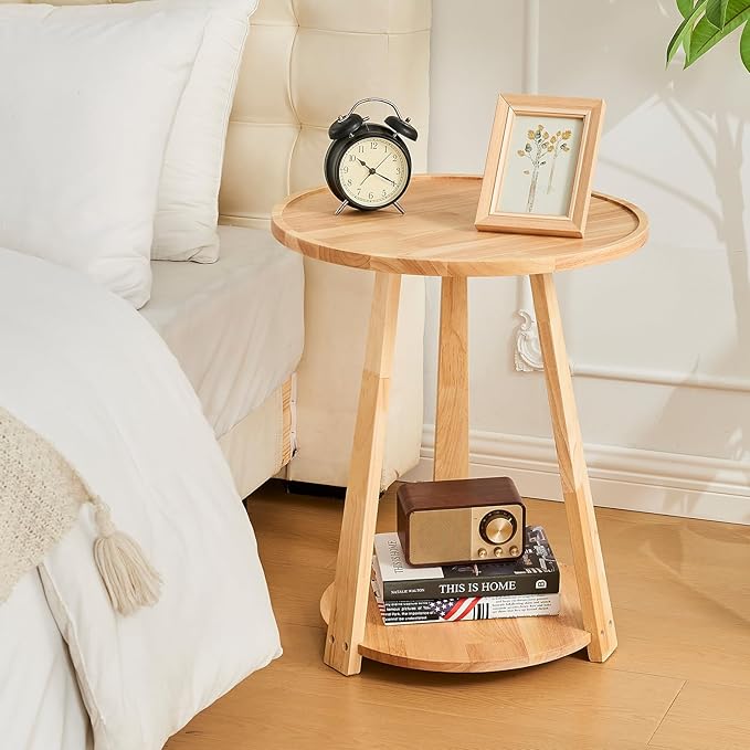 CozyDH Round End Table, Wooden Narrow/Little Coffee/Sofa/Couch SideTable with Lower Shelf for Living Room Bedroom, Solid Wood Bedside Nightstand, Natural