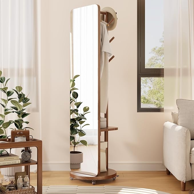 70"x16"Full Length Mirror with Stand,Coat Rack with Mirror,Solid Wood Floor Mirror,Swivel Mirrorfor Bedroom, Living Room, Cloakroom