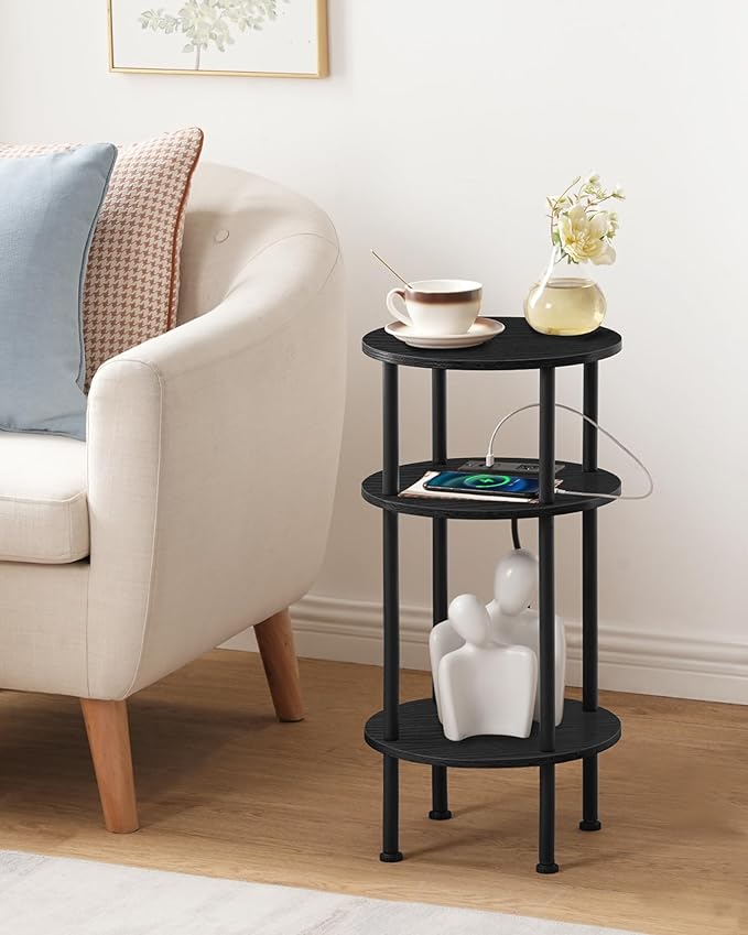 Small Round Side Table with Charging Station, 3-Tier Round End Table for Small Spaces, Nightstand for Living Room, Bedroom, Black TBZ06UBB