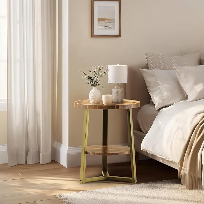 PPAMAPIC Round End Table, 2 Tier Side Table with Storage Shelf, Nightstand Accent Table for Living Room Bedroom Small Space, Golden Metal Frame, 19.7" D x 23.6" H, Rustic Brown