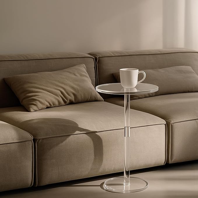 Acrylic Side Table, Round Drink Table for Small Spaces – Modern Clear End Table for Bedroom, Living Room, Office, Outdoor, Bathroom | Minimalist Design, Easy Assembly 11.8" W x 21" H