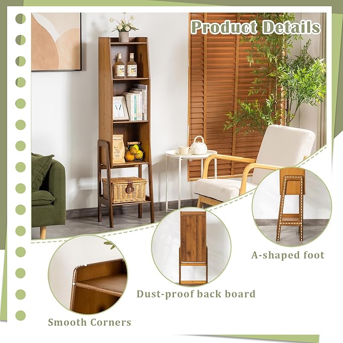 4 Tier Bamboo Bookcase, Classical Modern Bookshelf, Dispaly Shelves, Bamboo Wood Organizer Book Shelf for Living Room Home Office-Walnut, Large