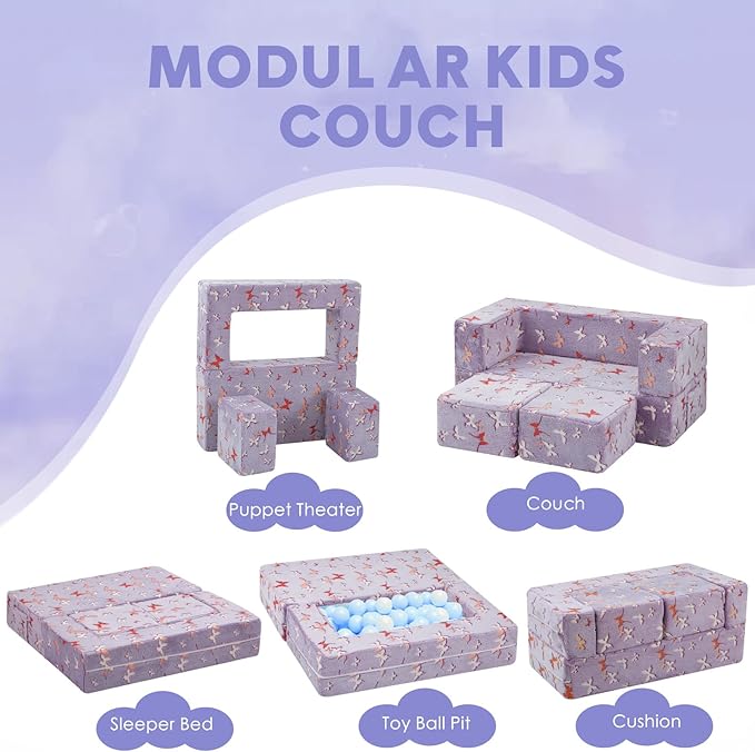 MeMoreCool Modular Kids Couch, Glow Play Toddler Couch for Bedroom Playroom, Convertible Foam Kids Sofa Bed, Fold Out Baby Sofa for Girl Boy, Butterfly