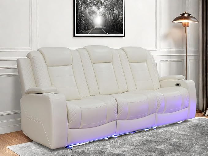 Leather Recliner Sofa Couch, 3-Seater Home Theater Seating Reclining Sofa, Power Reclining Couch with Cup Holders & Drop Down Table for Living Room Furniture Sets, White