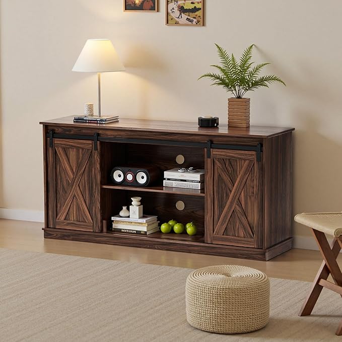 Sweetcrispy Farmhouse TV Stand for Living Room Bedroom Brown 65 Inch, Tall Entertainment Center with Storage Shelves, Media Console Cabinet with Wood Board, 300 LBS Capacity and Sliding Barn Door