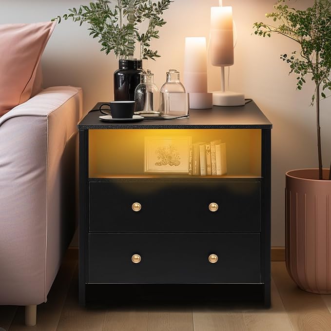 27 Inch Wide Night Stand, Large Wood Night Stand with 2 Drawer, LED Nightstand with Charging Station and Adjustable Drawer, Bedside Table for Living Room/Bedroom/Study/Office, Black.