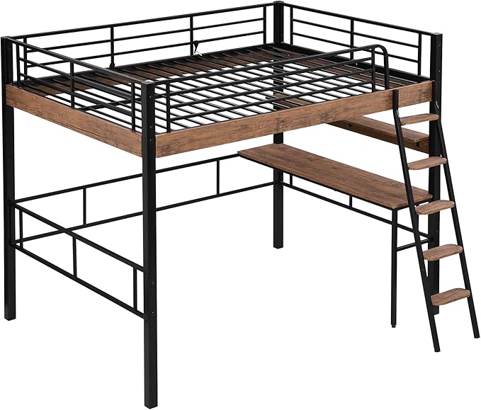 Metal Full Size Loft Bed with Built-in Desk,Storage Shelf and Ladder,Full-Length Guardrails and Secured Metal Slats, High LoftBed W/Large Storage Space for Kids Teens Adults Bedroom,Black