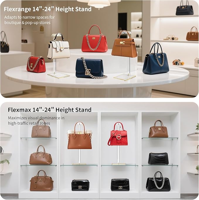 Purse Stands, Acrylic Purses Display Stand, 14“-24” Height Adjustable Handbag Rack, Purse Organizer for Closet, Table Bag Hanging Stand for Closet Retail Vendor Commercial Store(PATENT PENDING)