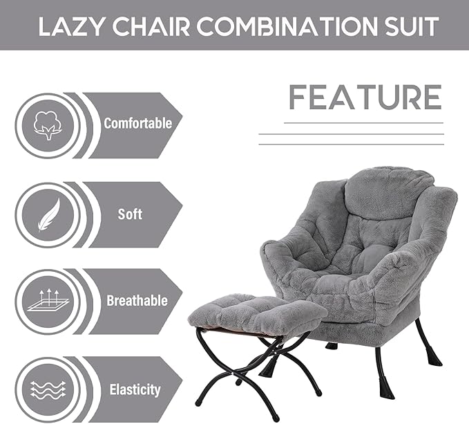 LITA Lazy Chair with Ottoman, Modern Accent Leisure Upholstered Sofa, Contemporary Lounge Reading Chair with Armrests and a Side Pocket for Living Room, Bedroom & Small Space, Plush Grey