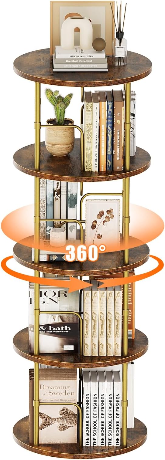 Rotating Bookshelf, 4 Tier Spinning Bookshelf Tower, 360° Display Unique Round Bookcase, Floor Standing Corner Revolving Bookshelf Storage Organizer for Small Spaces, Home Study Office, Gold