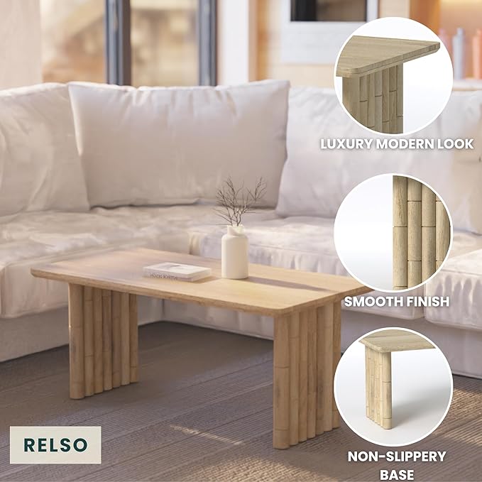 Bambos Coffee Table | Sold Mango Wood Center Table with Natural Finish | Handcrafted Accent for Living Room, Modern Decor, Apartment or Office | Bamboo Inspired Legs, Easy Assembly, Durable, Compact