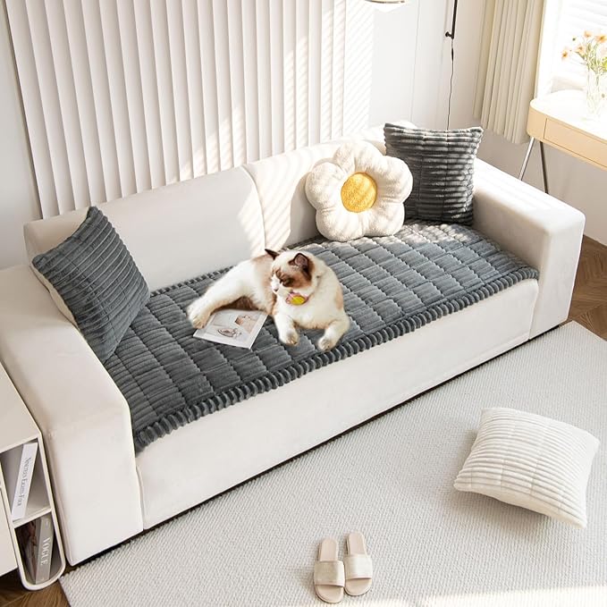 OTOB Couch Cover for Dogs Washable, Non Slip Plush Sofa Covers for 3 Cushion Couch, Fuzzy Pet Friendly Mat Bed Furniture Protector Sofa Slipcover, All Seasons (Dark Gray, 27.6" x 70.9")