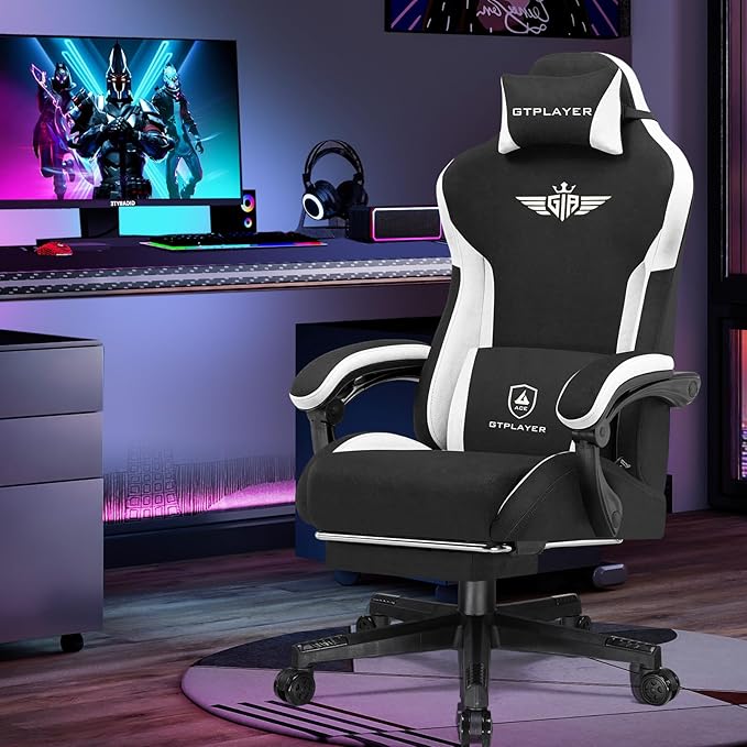 GTPLAYER Gaming Chair Fabric with Footrest, Big and Tall Game Chair High Back Computer Office Chair with Lumbar Support for Adults, Ergonomic Swivel Games Chair with Cushion Gaming Black