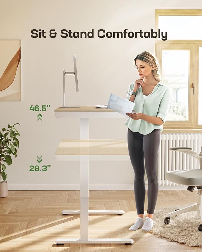 Marsail Electric Solid Standing Desk, 48 x 24 inch Standing Desk with Drawer, Sit Stand Desk with Tabletop & USB Charging Ports, Height Adjustable Desk with Storage for Home & Office Natural