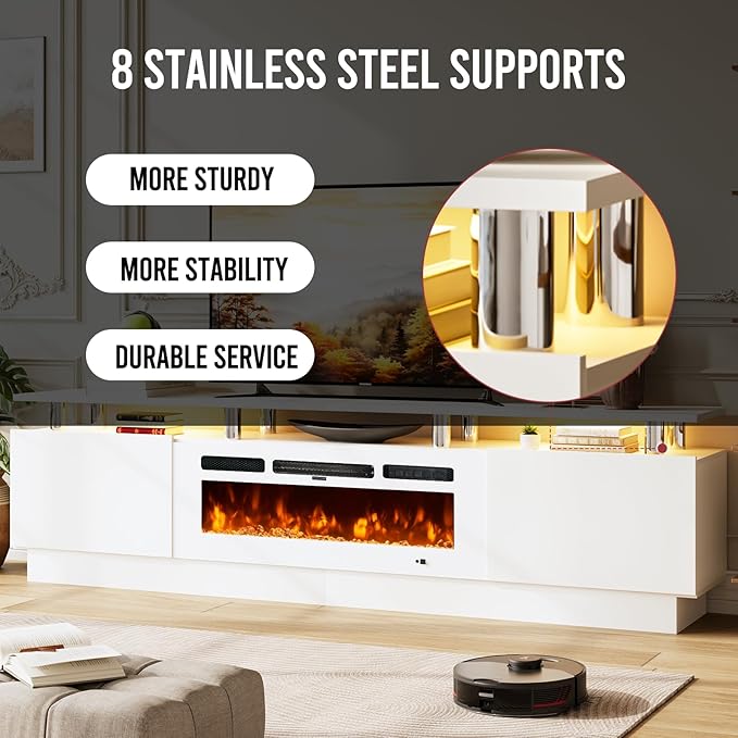 80" Entertainment Center & TV Stand, Modern Media Console with Storage Cabinet, Fits TVs up to 90", Living Room Furniture, 36" Electric Fireplace (All White)