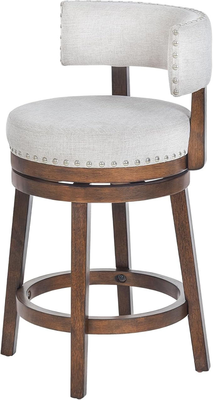 COLAMY Swivel Bar Stool, Modern Swivel Barstool with Back, Counter Height Bar Stools, 25 Inch Upholstered Wood Barstool for Kitchen Island Dining Room Bar, Beige