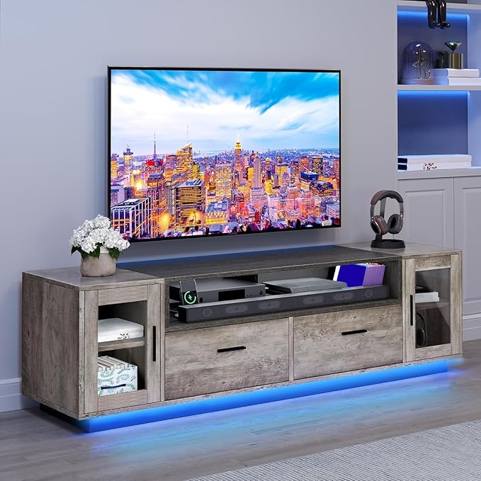 YITAHOME TV Stands for Living Room, Farmhouse TV Stand for 65/70 inch TV, LED TV Entertainment Center with Storage & Power Outlets, TV Console Cabinet, Rustic Grey