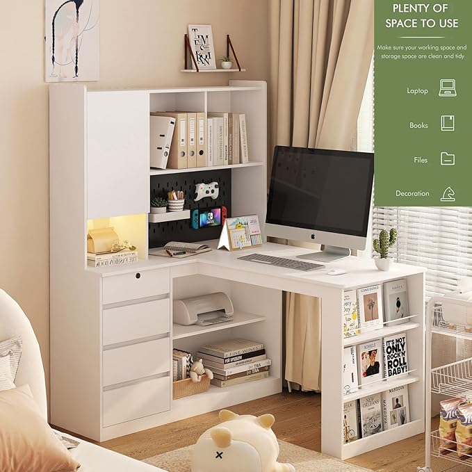 KEIKI L Shaped Home Office Desks with LED Light, Pegboard, Hutch, Drawers, Bookshelf & Storage Shelves, Modern Wooden Gaming Computer Corner Table for Work, Study, Writing