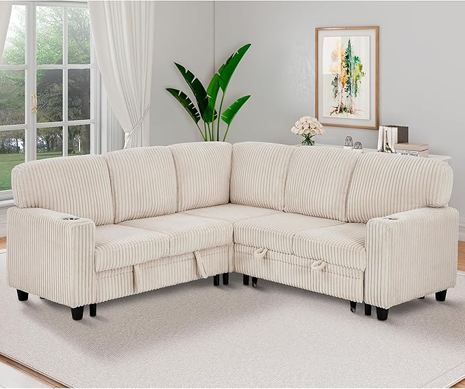 Ball & Cast Modular Sectional Sleeper Sofa Bed,L-Shaped Couch W/Pull Out Bed and USB Charging,Cupholders&Storage Seats,Convertible Sleeper Sofa Beds for Living Room,Apartment,Corduroy Fabric,Beige,81"
