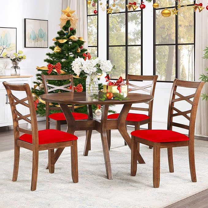 Smiry Velvet Seat Covers for Dining Room Chair Set of 4, Stretch Fit Removable Washable Chair Seat Cushion Protector Slipcovers with Ties, Red