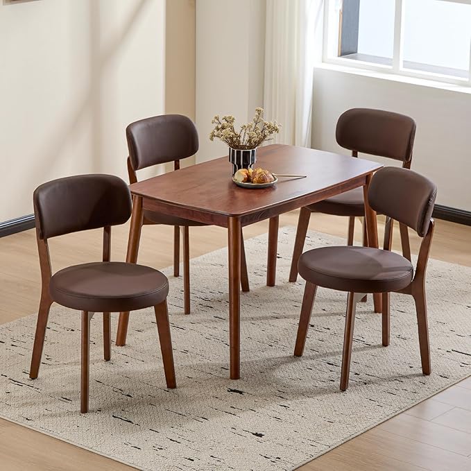 Furniliving Wooden Dining Chairs Set of 6, Mid-Century Modern Leather Upholstered Kitchen Chair with Solid Oak Wood, Farmhouse Dining Room Chairs, Brown