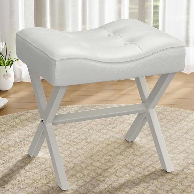 18-Inch Large Leather Vanity Stool, Vanity Chair with Metal X-Leg, Ottoman Foot Stool with Thick Padded Saddle Seat, White