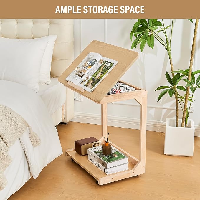 CozyDH Adjustable C Shaped End Table, Rolling Side Table Solid Wood TV Sofa Tray Table for Couch Arm Eating Multi-Purpose, Small Coffee Table with Wheels Living Room Bedroom, Natural
