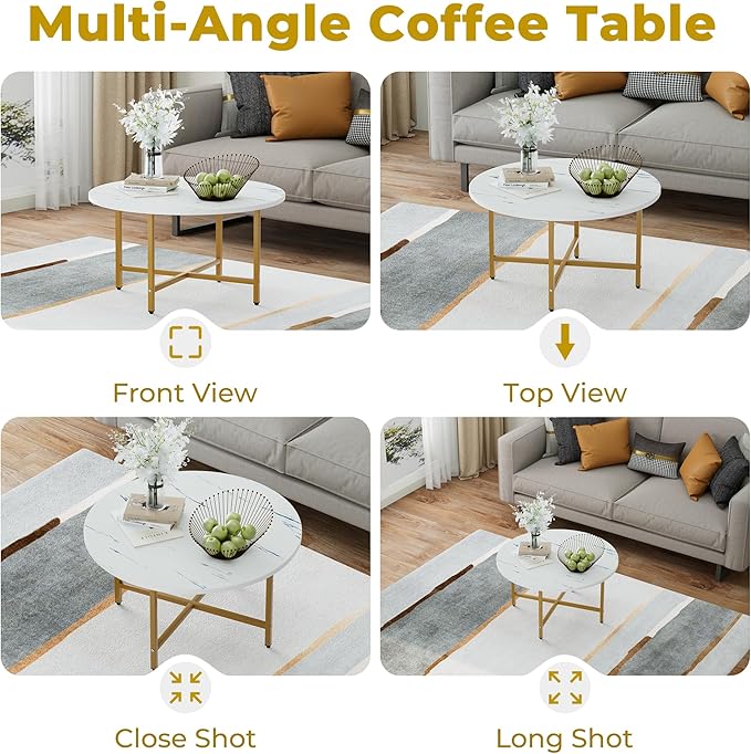 Coffee Table, 23.6" Coffee Tables for Living Room, Round Coffee Table with Metal Frame, Floor Table for Sitting on The Floor, Home, Office, White & Gold Legs