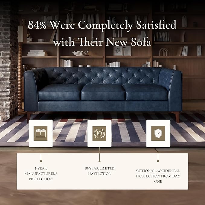 Poly & Bark Essex Leather Couch - 89-Inch Sofa with Tufted Back - Full-Grain Leather Sofa for Living Room with Feather-Down Topper - Living Room Couch - Vintage Italian Leather in Midnight Blue
