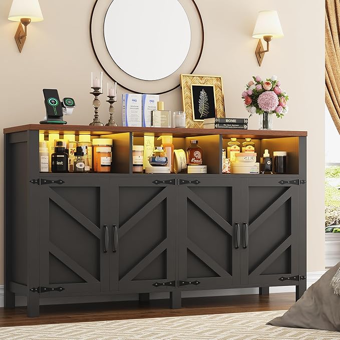 Buffet Sideboard with Storage with Power Outlets & LED Light 4 Doors, 55'' Large Farmhouse Kitchen Storage Cabinet Wood Coffee Bar Cabinet Buffet Table for Kitchen, Dining Room, Entryway