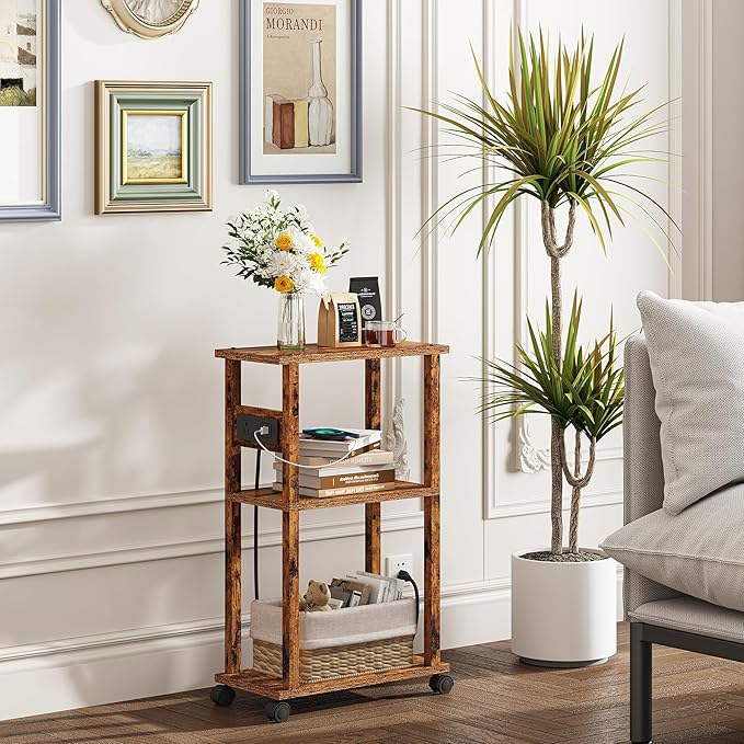 TUTOTAK Small Narrow Side Table with Charging Station, Skinny End Table for Small Spaces, Slim Nightstand with USB Ports and Outlet, Sofa Beside Table with Wheels, Rustic Brown TB01BB047C