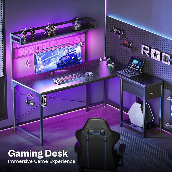 PRAISUN L Shaped Gaming Desk with Shelves, Corner Computer Table with LED Lights, Power Outlets and USB-C Ports, 50 Inch Reversible Home Office Desk with Storage Drawer, for Work and Study, Black