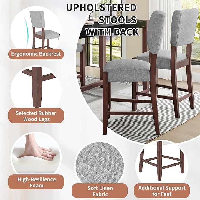 Ball & Cast 5-Piece Dining Table Set for 4,Kitchen Table Set W/Faux Marble Bar Table,Counter Height Living Room Furniture W/ 4 Upholstered Chairs,for Dining Room,Pub Kitchen,Small Place,Black+ Gray