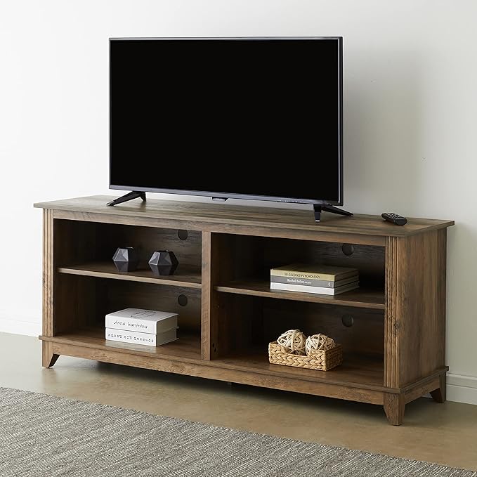ROCKPOINT 58inch TV Stand Media Console for TV’s up to 65 Inches, Home Living Room Storage Console, Entertainment Center with 4 Open Storage Shelves, Modern TV Console Table (Rustic Oak)